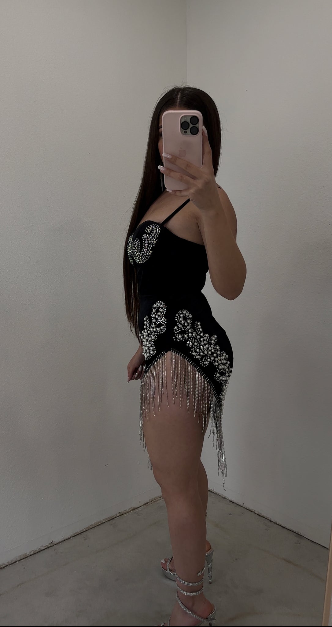 black mini dress with rhinestone fringe Diego Rhinestone Fringe Sequin Mini Dress In Black Mew Mews Black : Premium Dresses : VogaCloset Oman
