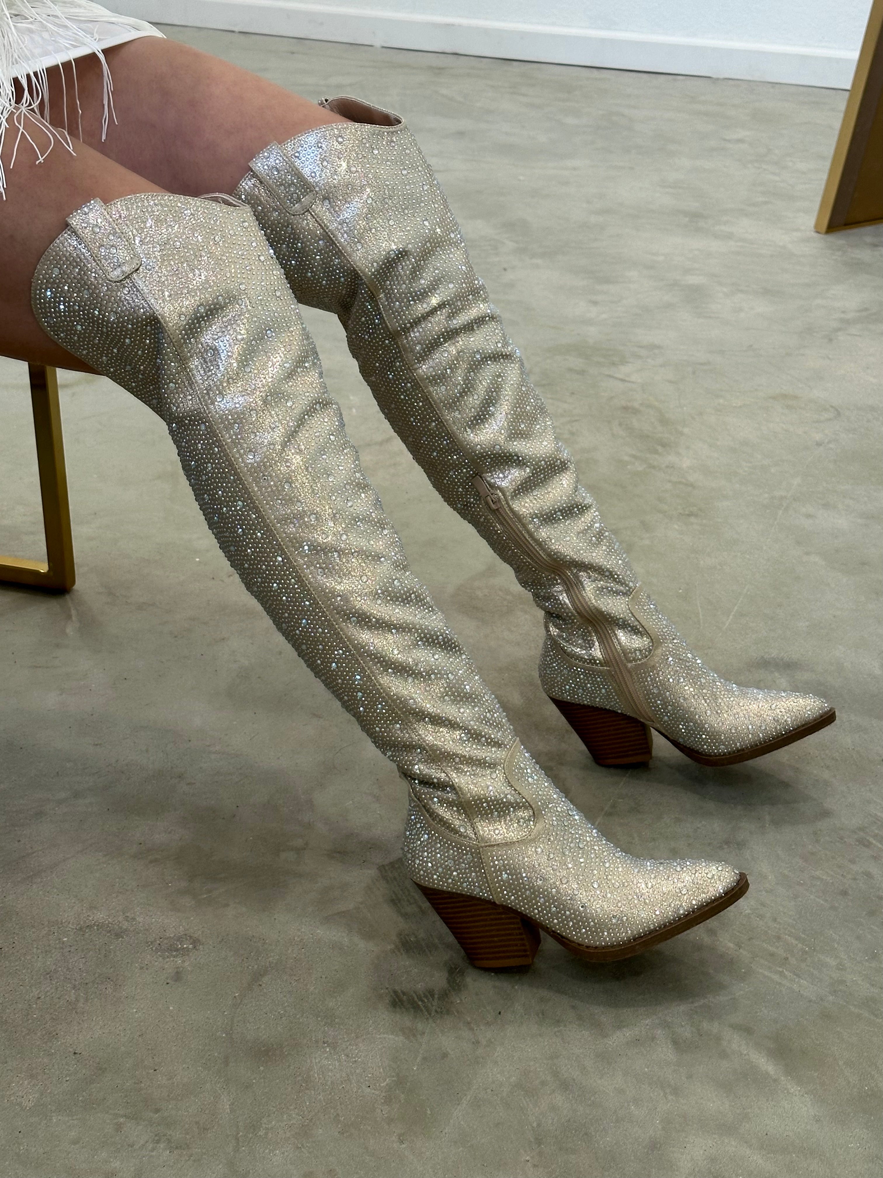 Space Cowboy Embellished Boots (Champagne) - Tall