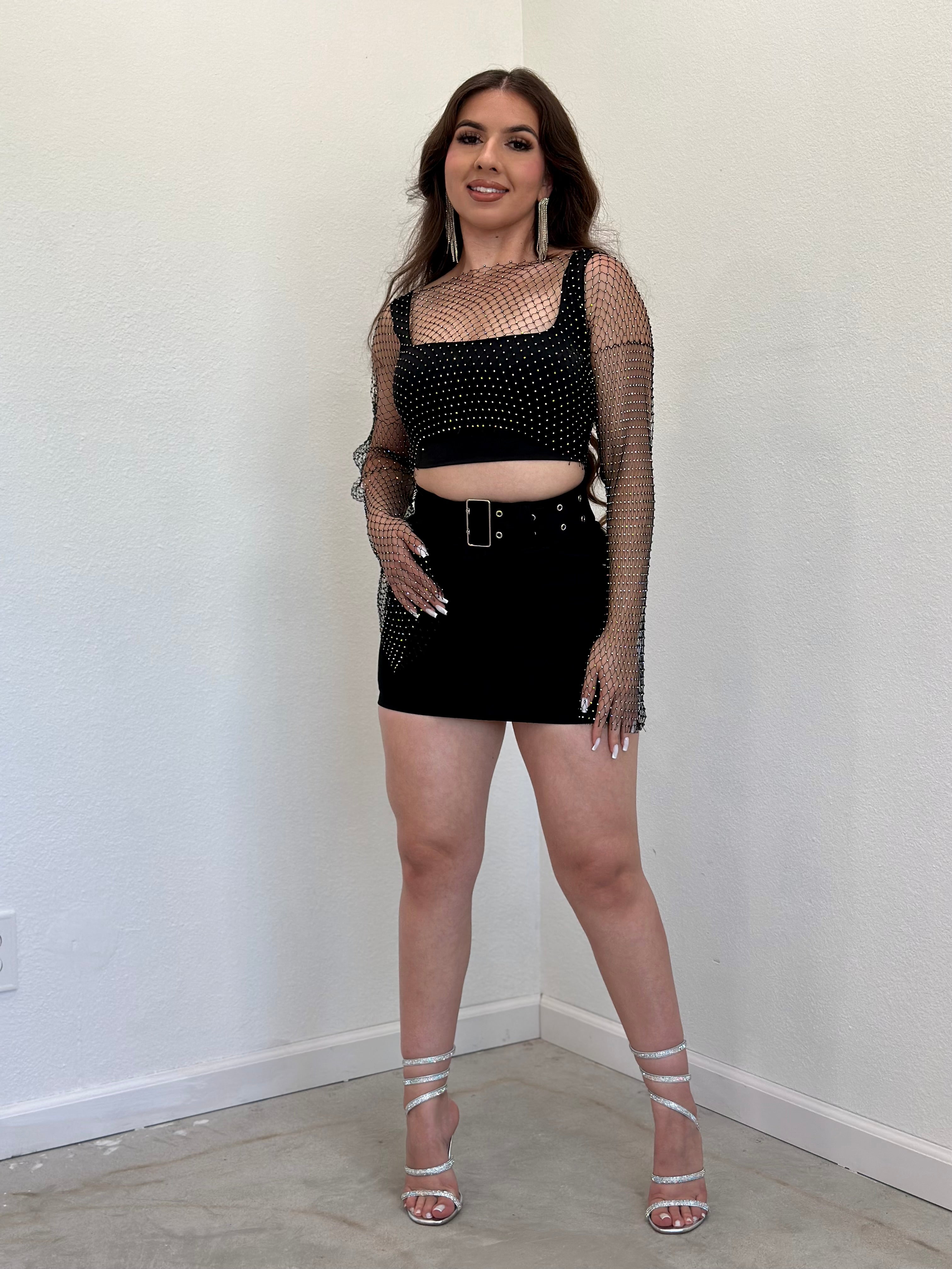 Luna Rhinestone Mesh Top (Black)