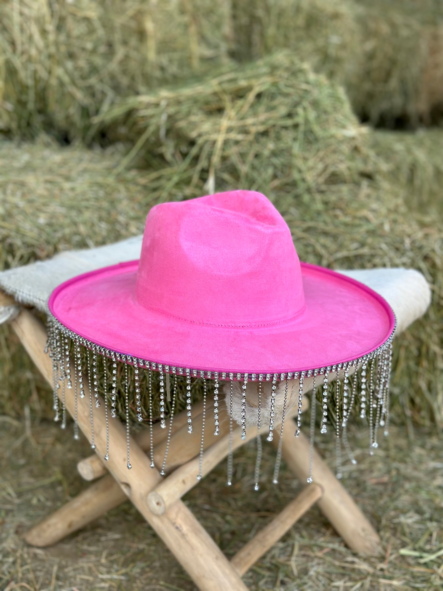 Giddy Up Glam Rhinestone Fringe Hat (Pink) - Dangle
