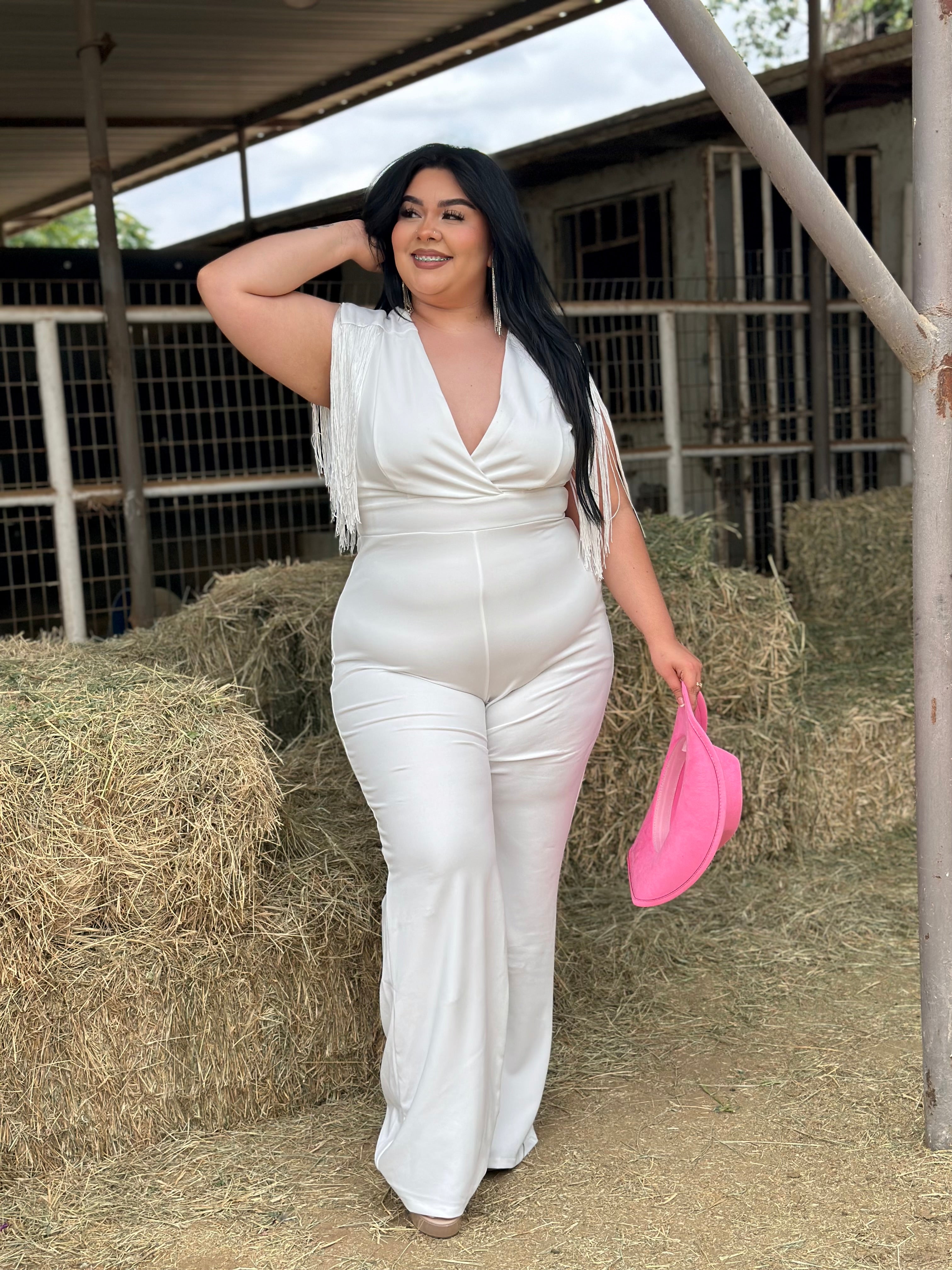 Paulette Fringe Sleeve Jumpsuit (White)