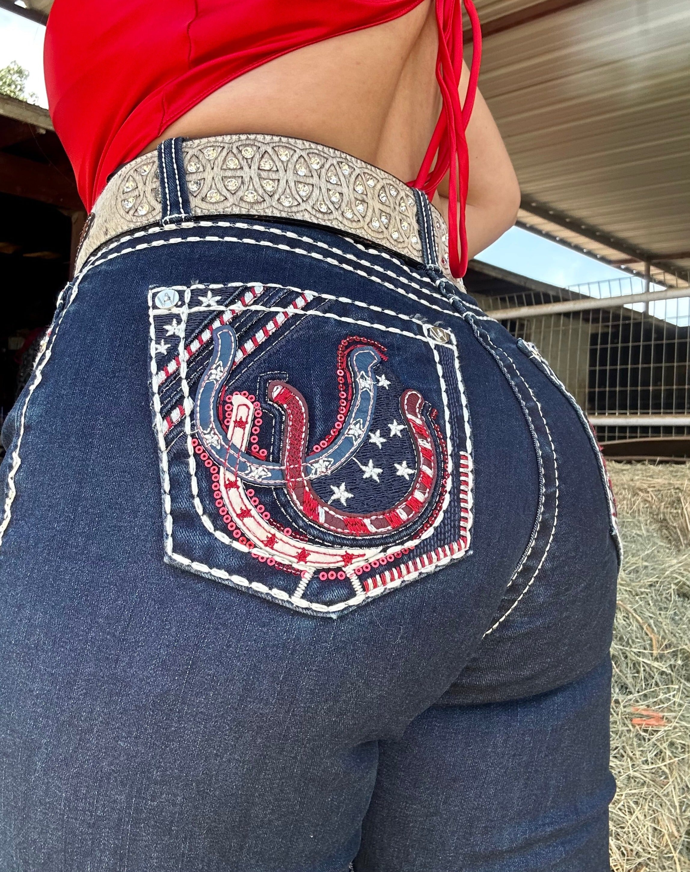 Party In The USA Embroidered Mid Rise Bootcut Jeans