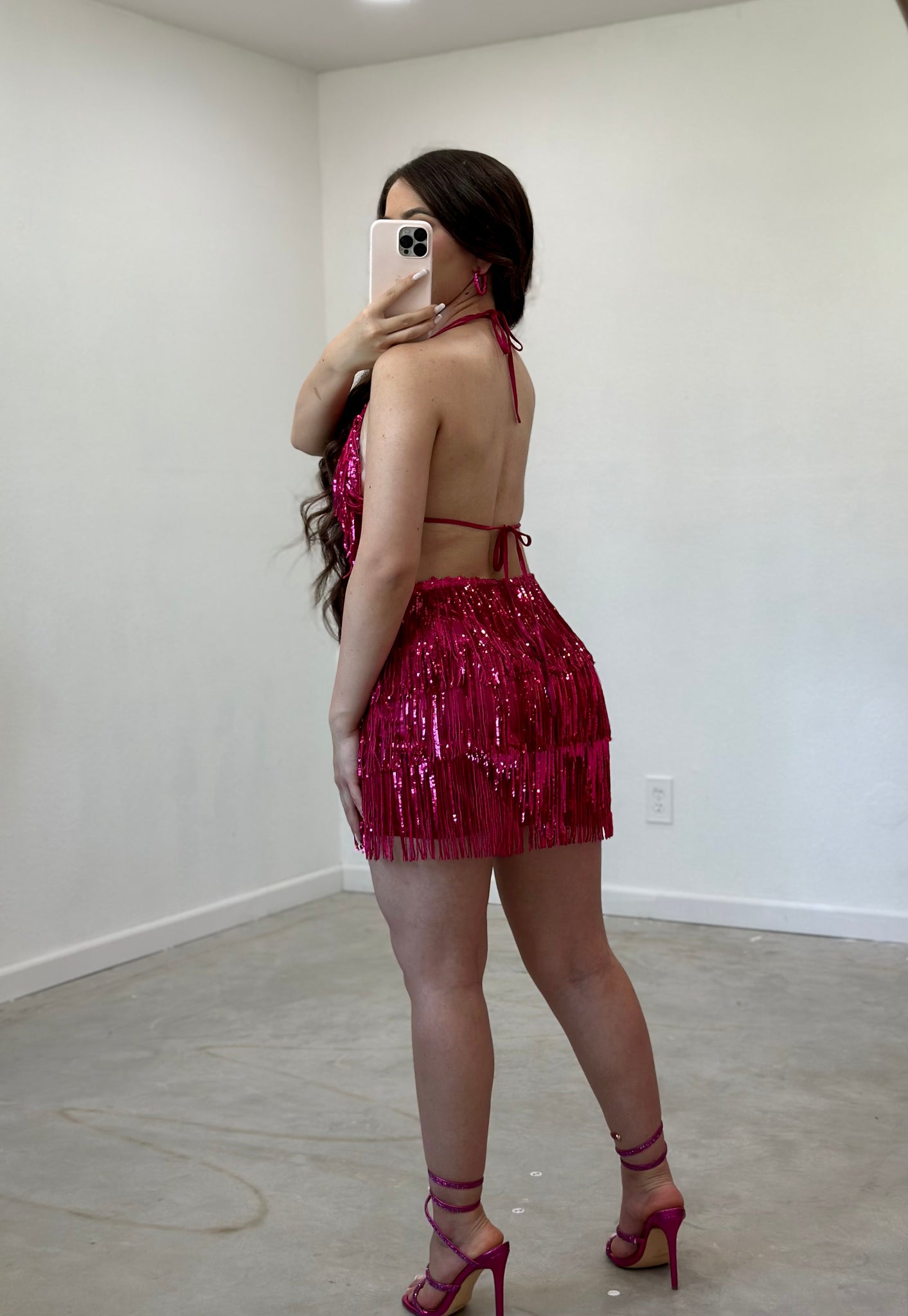 Bailar De Caballito Sequins Fringe Skirt Set (Hot Pink)