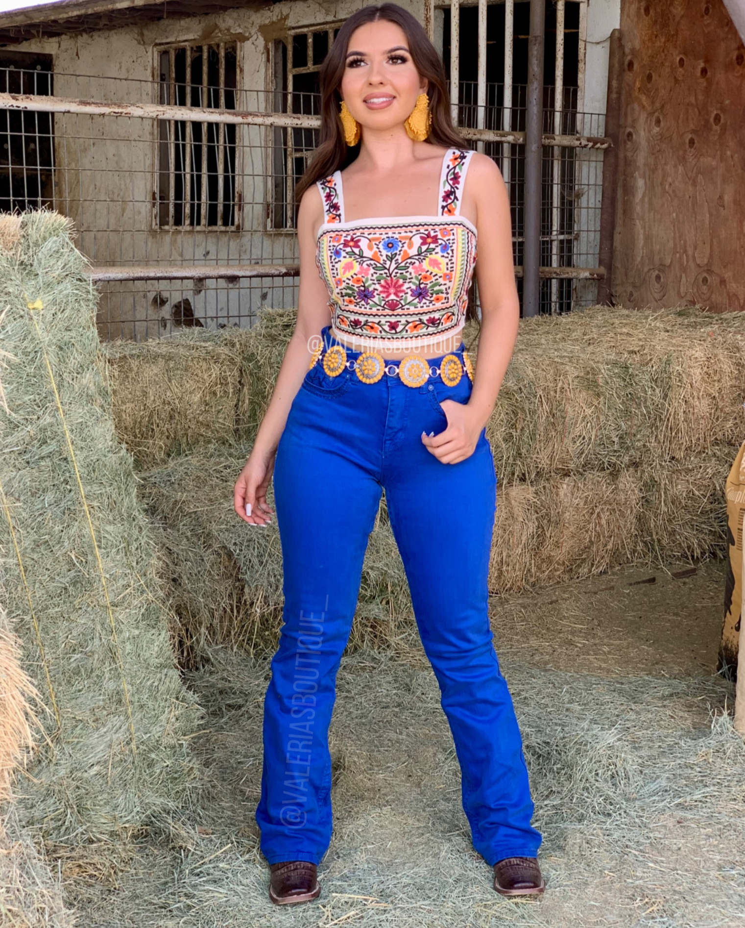 Royal Blue Floral Pocket Mid Rise Embroidered Bootcut Jeans