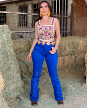 Royal Blue Floral Pocket Mid Rise Embroidered Bootcut Jeans
