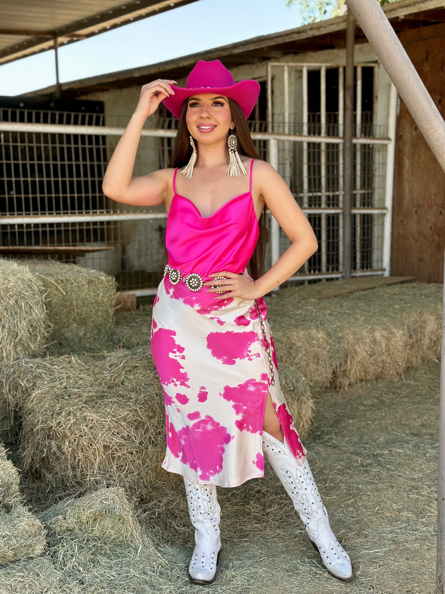 Lola Cow Print Midi Skirt (Pink)