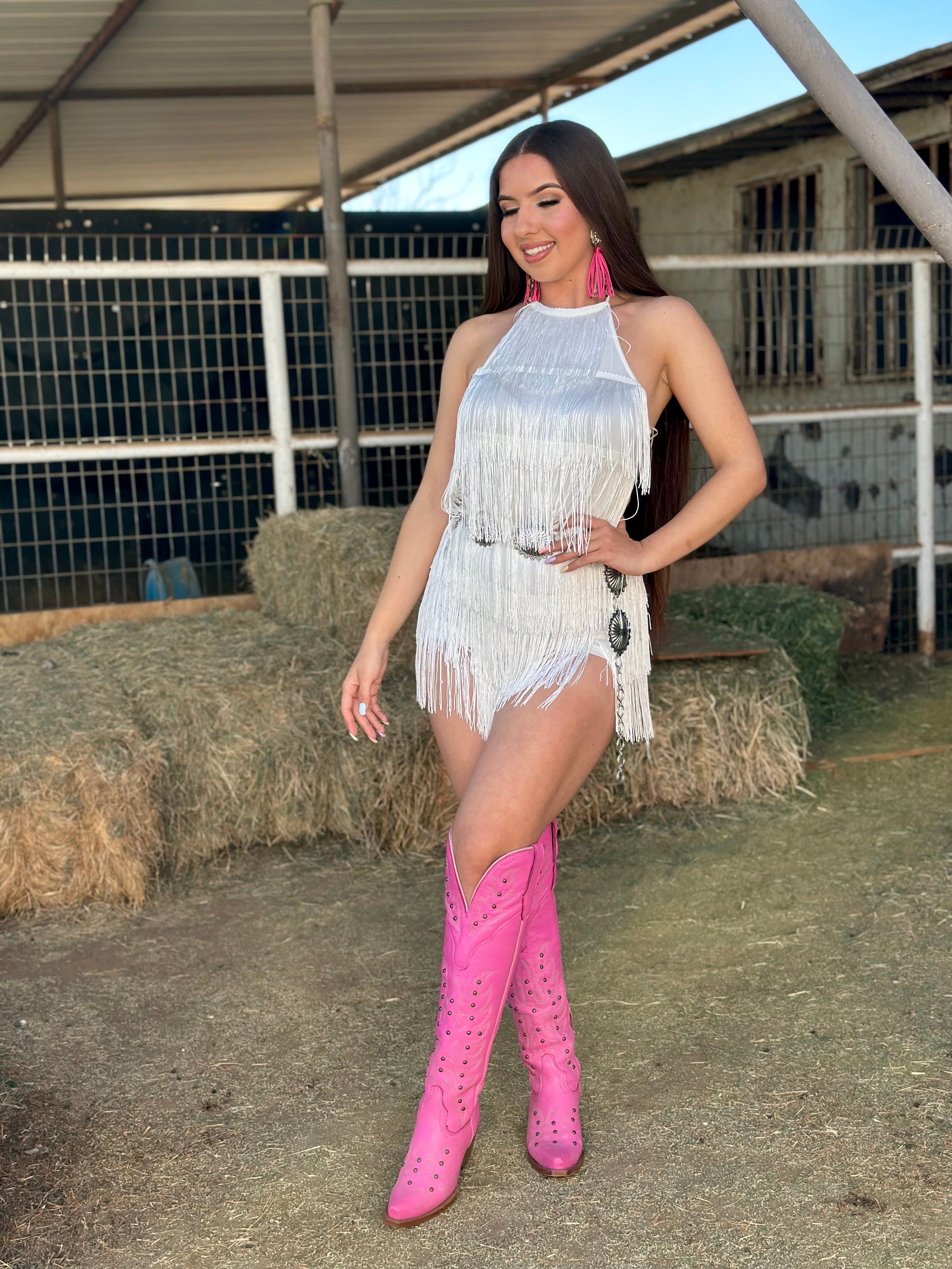 Bailar De Caballito Fringe Halter Romper (White)