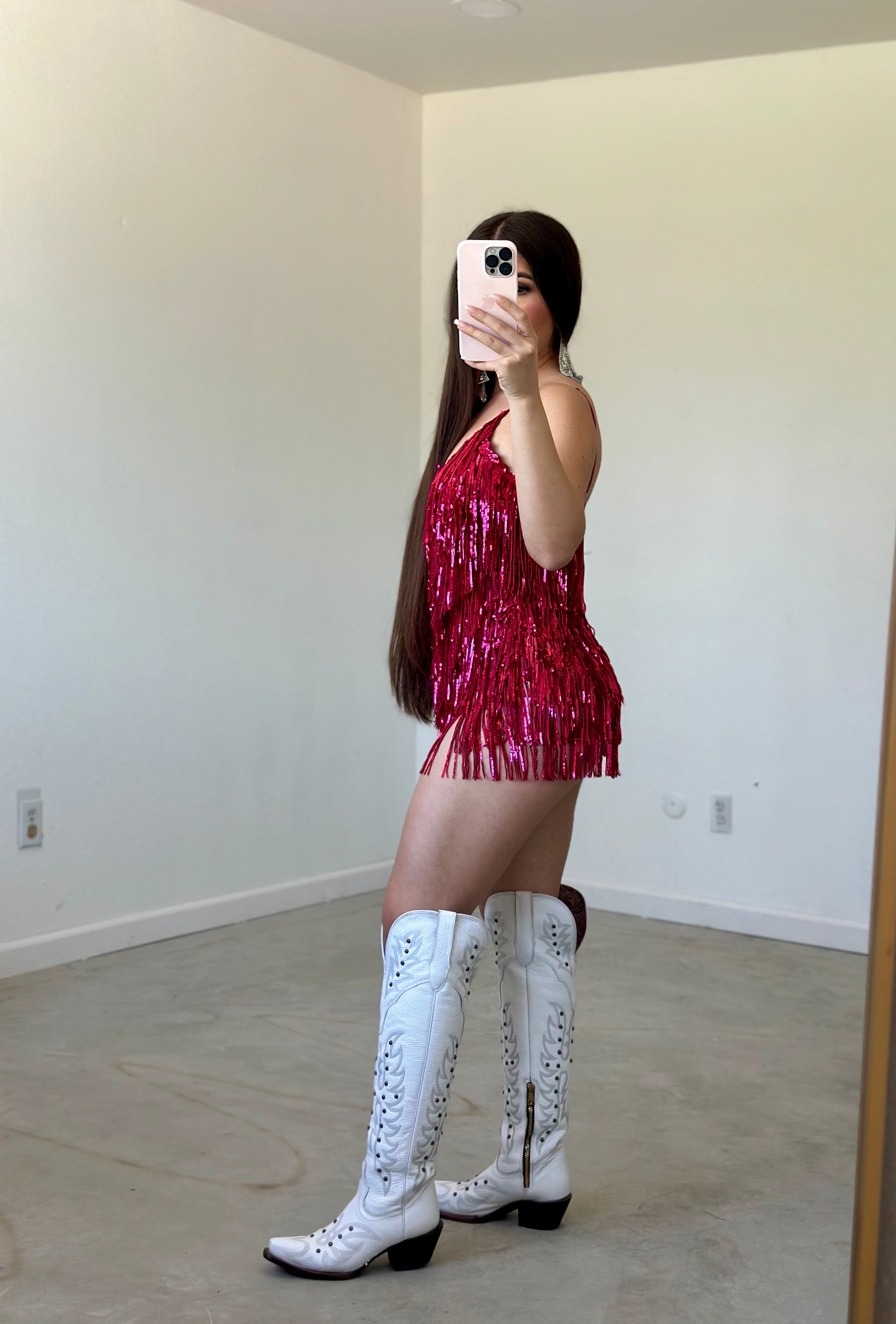 Bailar De Caballito Sequins Fringe Romper (Hot Pink)