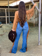 La Quebradora Fringe High Rise Flare Jeans (Blue)