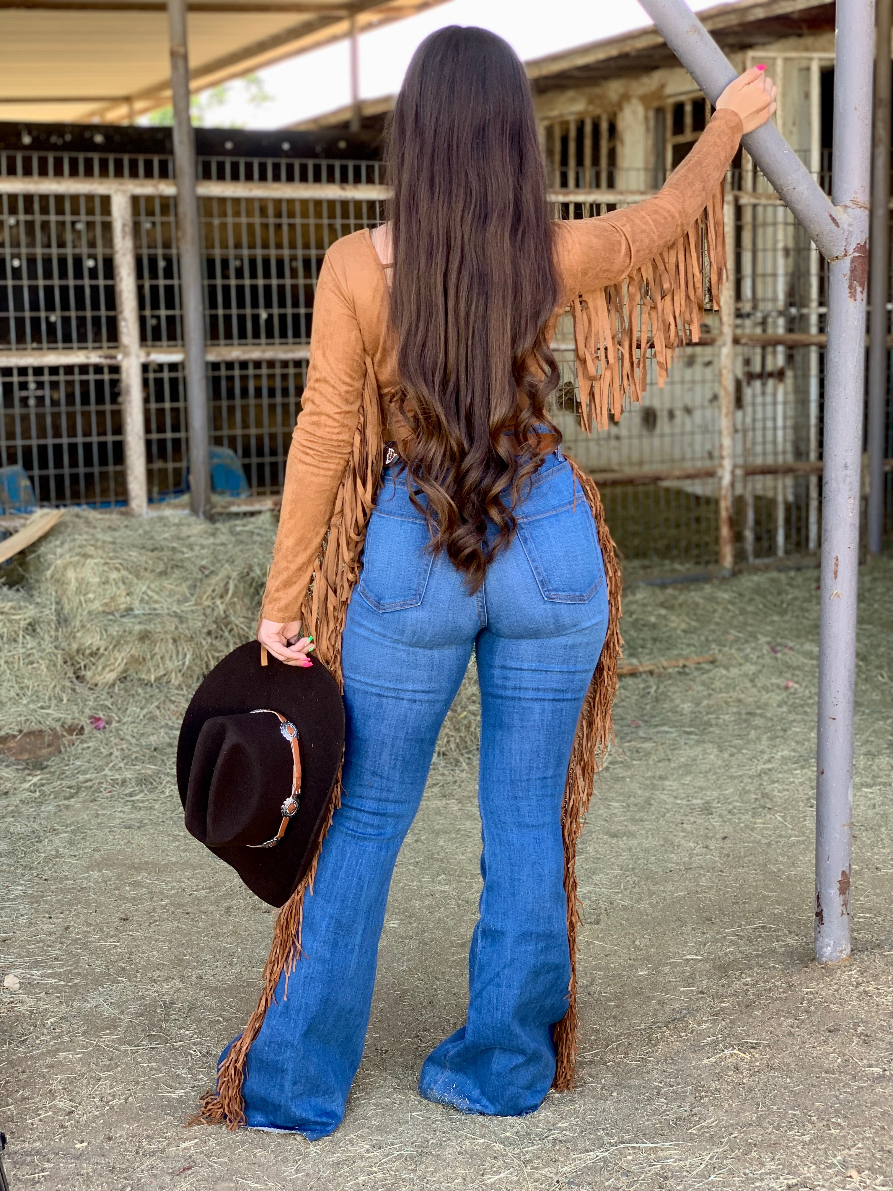 La Quebradora Fringe High Rise Flare Jeans (Blue)