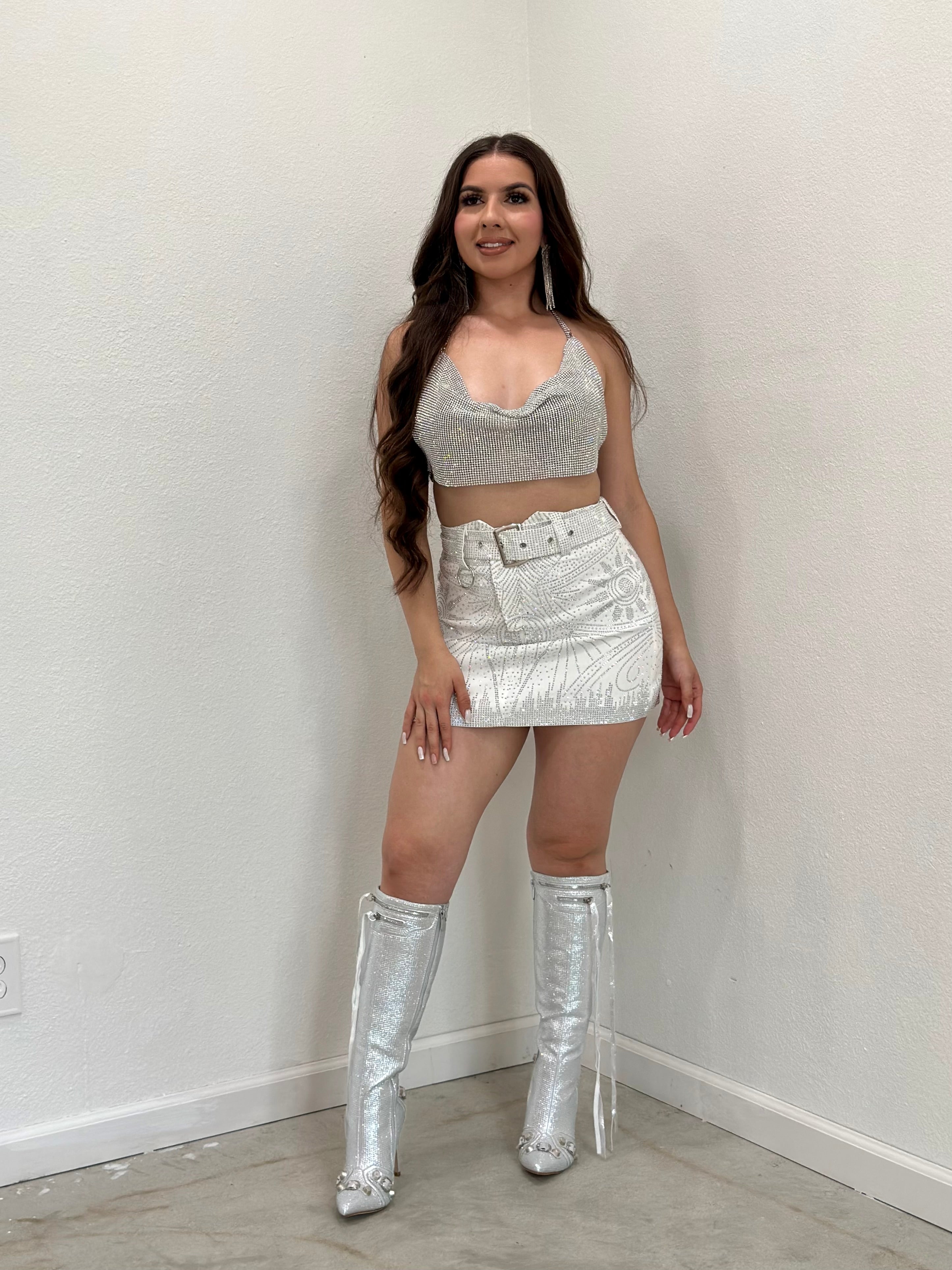 The It Girl Rhinestone Mini Skirt (White) - Rhinestone Design