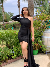 Gema Side Train Mini Dress (Black)