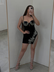 Velvet Rhinestone Fringe Mini Dress (Black)