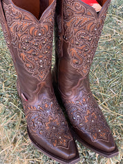 Camelia Swarovski Studded Overlay Rio Grande Western Boots (Maple) - Valeria'S Boutique 