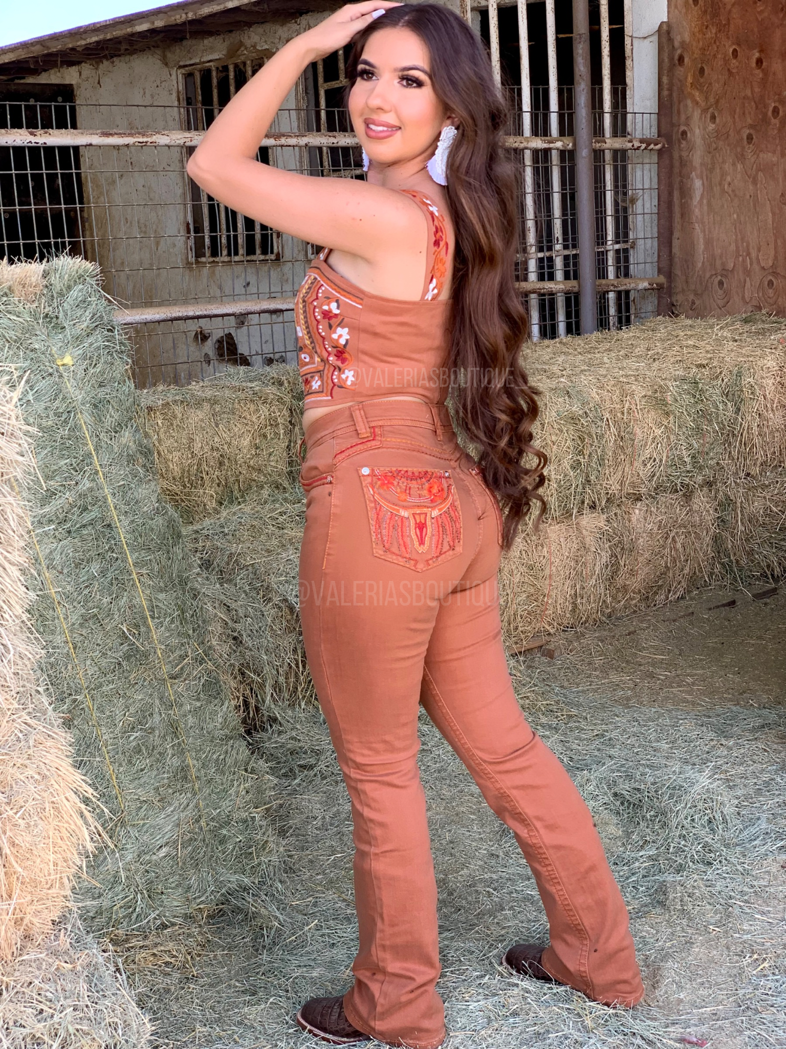 Rust Boho Bull Mid Rise Embroidered Bootcut Jeans