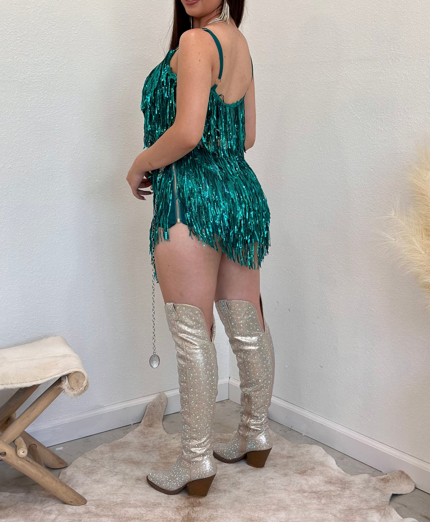 Taylor Sequin Fringe Mini Dress (Emerald)