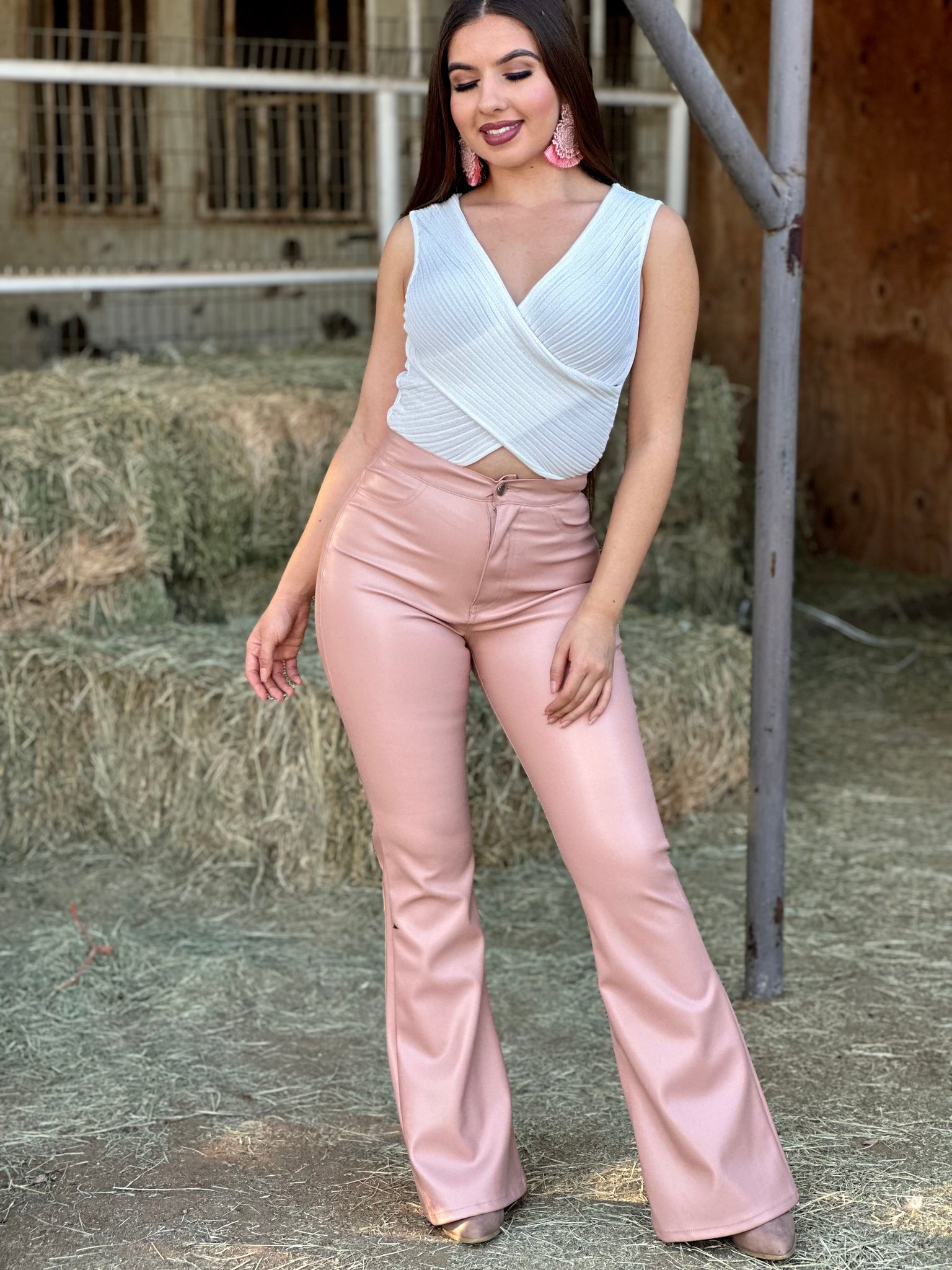 Kristen Leather Flare Pants (Pink)