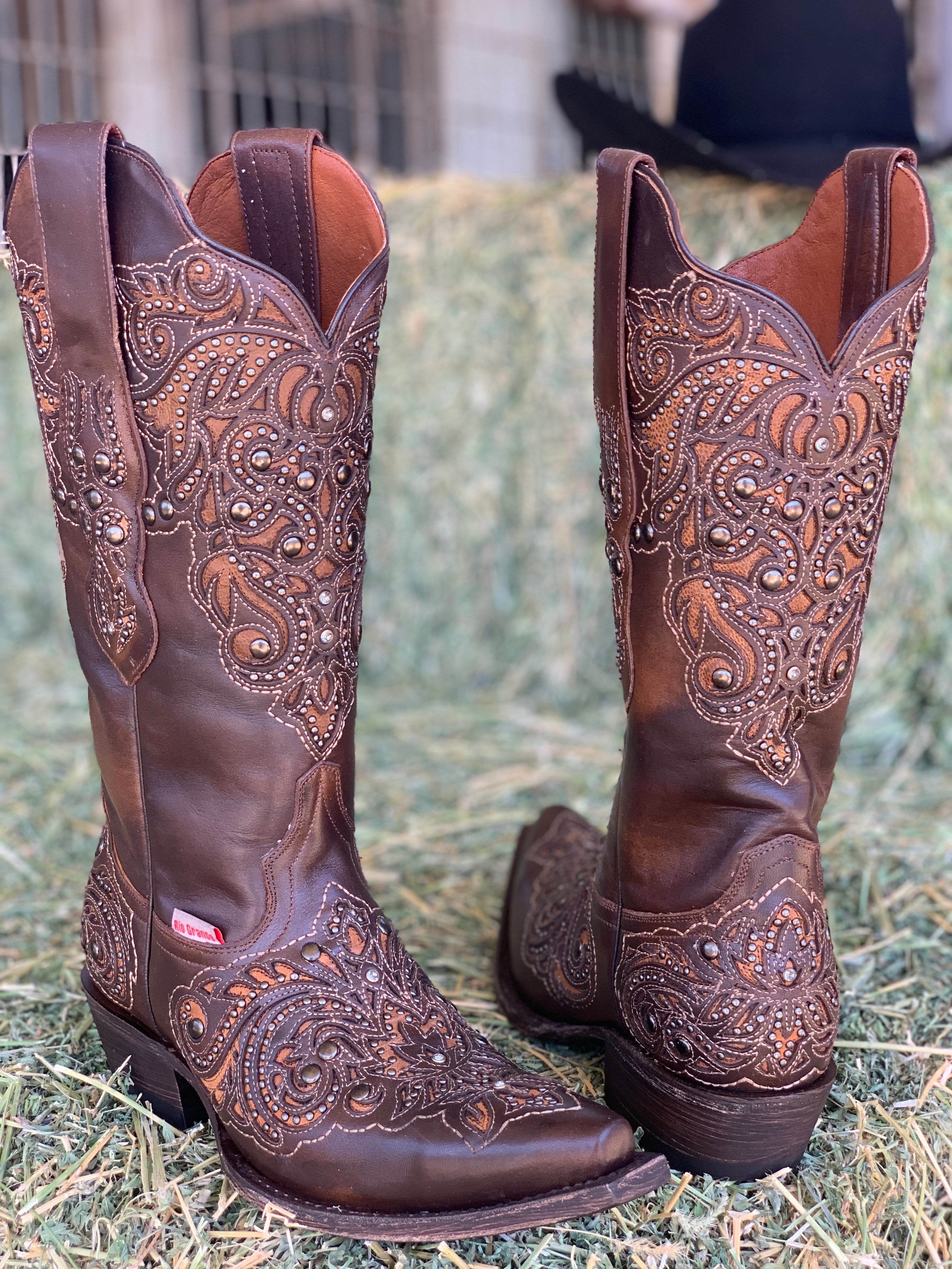 Camelia Swarovski Studded Overlay Rio Grande Western Boots (Maple) - Valeria'S Boutique 