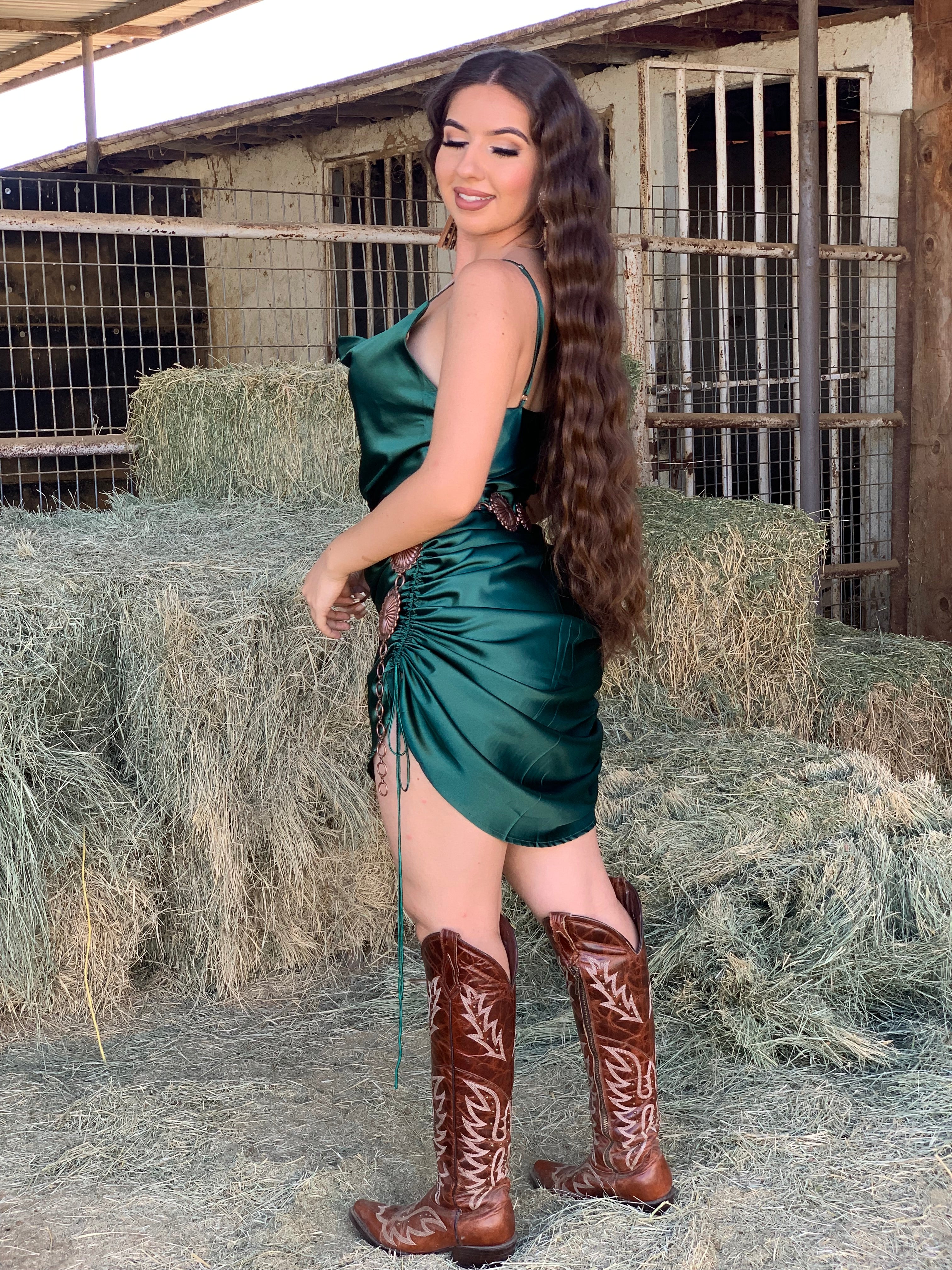 Jennifer Satin Ruched Dress (Emerald)